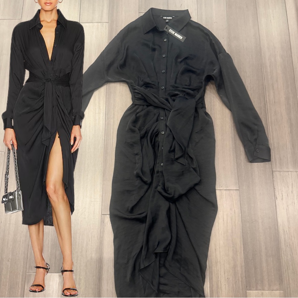 Steve Madden Sula Black Tie-Waist Shirt Dress | Size 0 NWT Long Sleeve with Slit